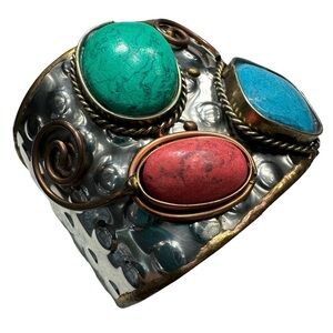 Navajo Inspired Three Stone Wide Cuff Silver Bracelet